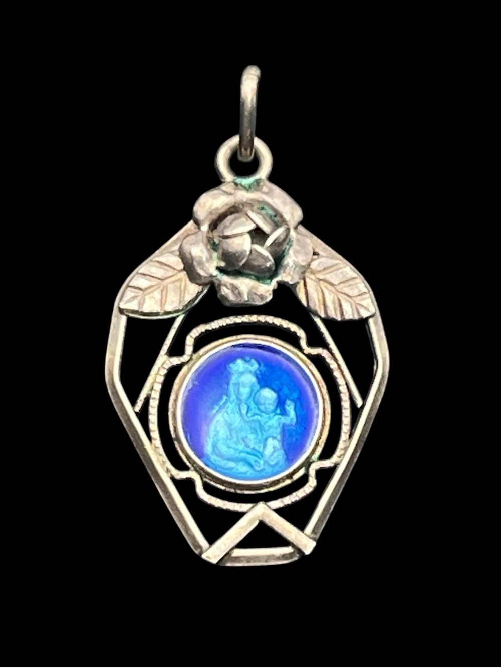 Catholic baby Jesus & Mary silver tone rose pendant for necklace blue enamel